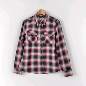 Dixxon Equalizer Flannel Shirt Women's Medium Red Gray Plaid Button Down Punk